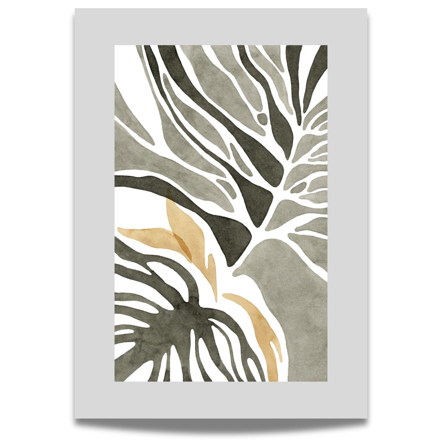 Dette unike kunstverket viser linjer og årer som minner om blader og blomster, malt i delikate akvarelltoner av grønt og beige.Plakaten har en bred, grå kant.