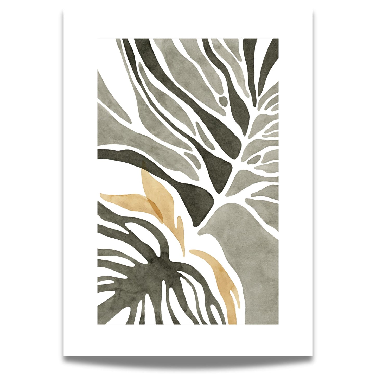 Dette unike kunstverket viser linjer og årer som minner om blader og blomster, malt i delikate akvarelltoner av grønt og beige. Plakaten har en bred, hvit kant.