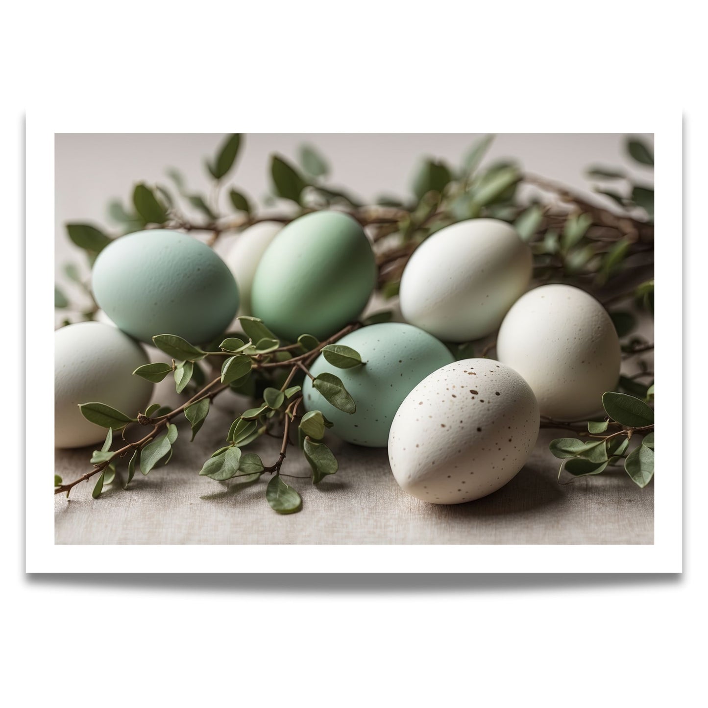 Dette vakre motivet kombinerer delikate pastellfargede egg med frodige grønne blader, perfekt for deg som ønsker en elegant og stilren påskedekor.