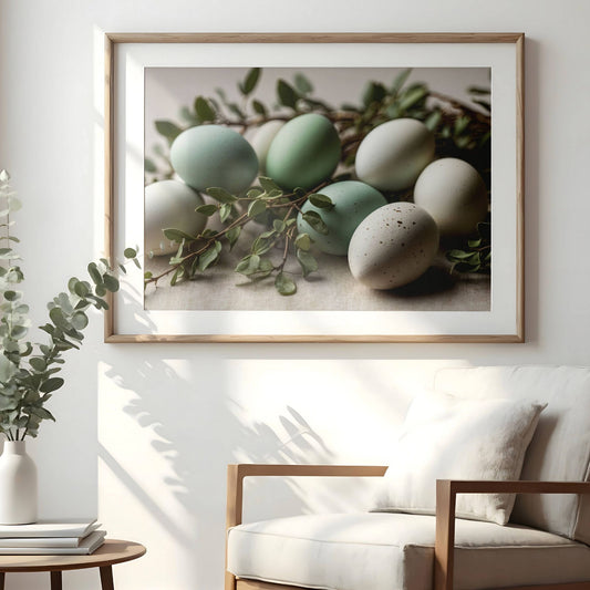 Dette vakre motivet kombinerer delikate pastellfargede egg med frodige grønne blader, perfekt for deg som ønsker en elegant og stilren påskedekor. Illustrasjon viser motivet som plakat med hvit kant i ramme.