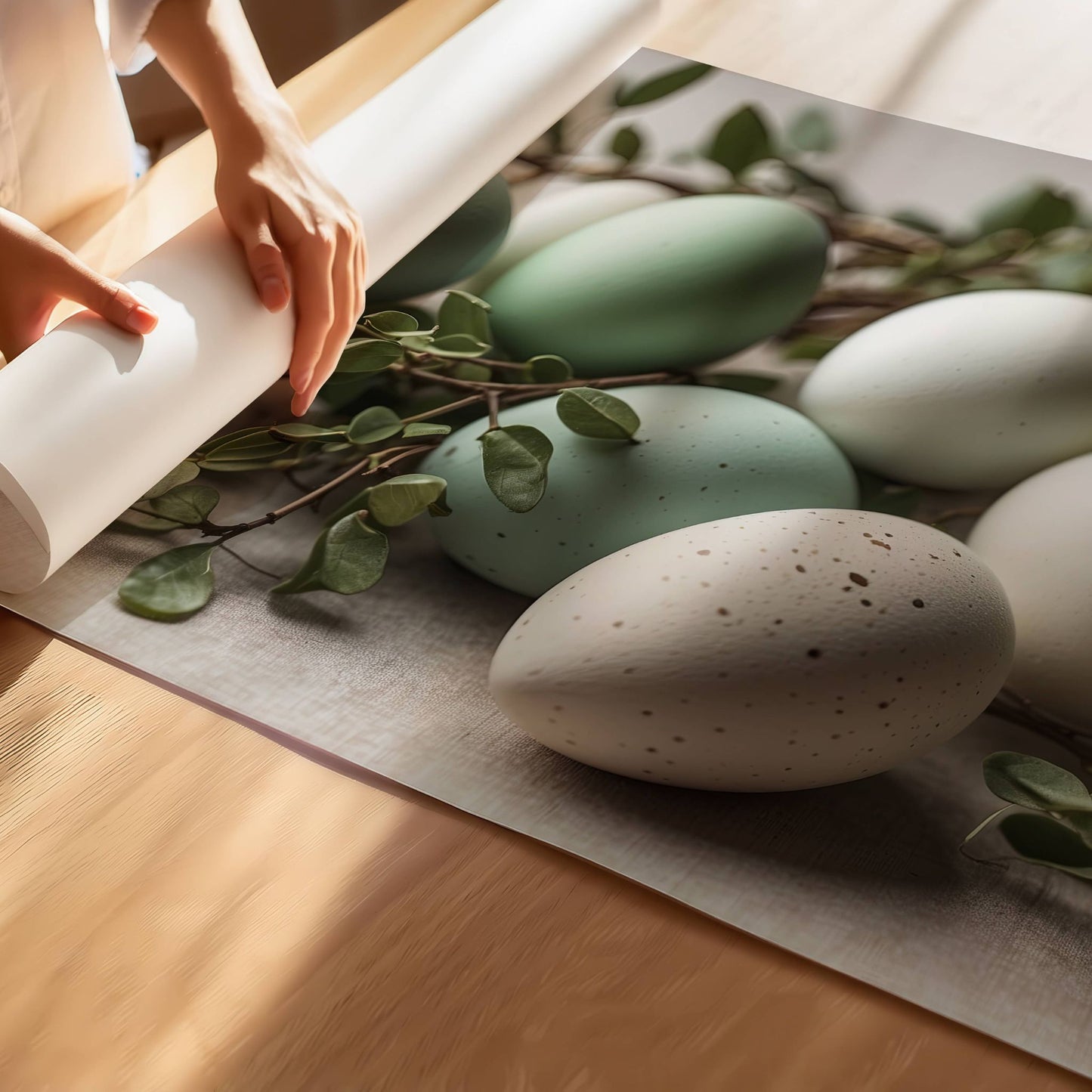 Dette vakre motivet kombinerer delikate pastellfargede egg med frodige grønne blader, perfekt for deg som ønsker en elegant og stilren påskedekor. Illustrasjon viser motivet som plakat uten hvit kant på print