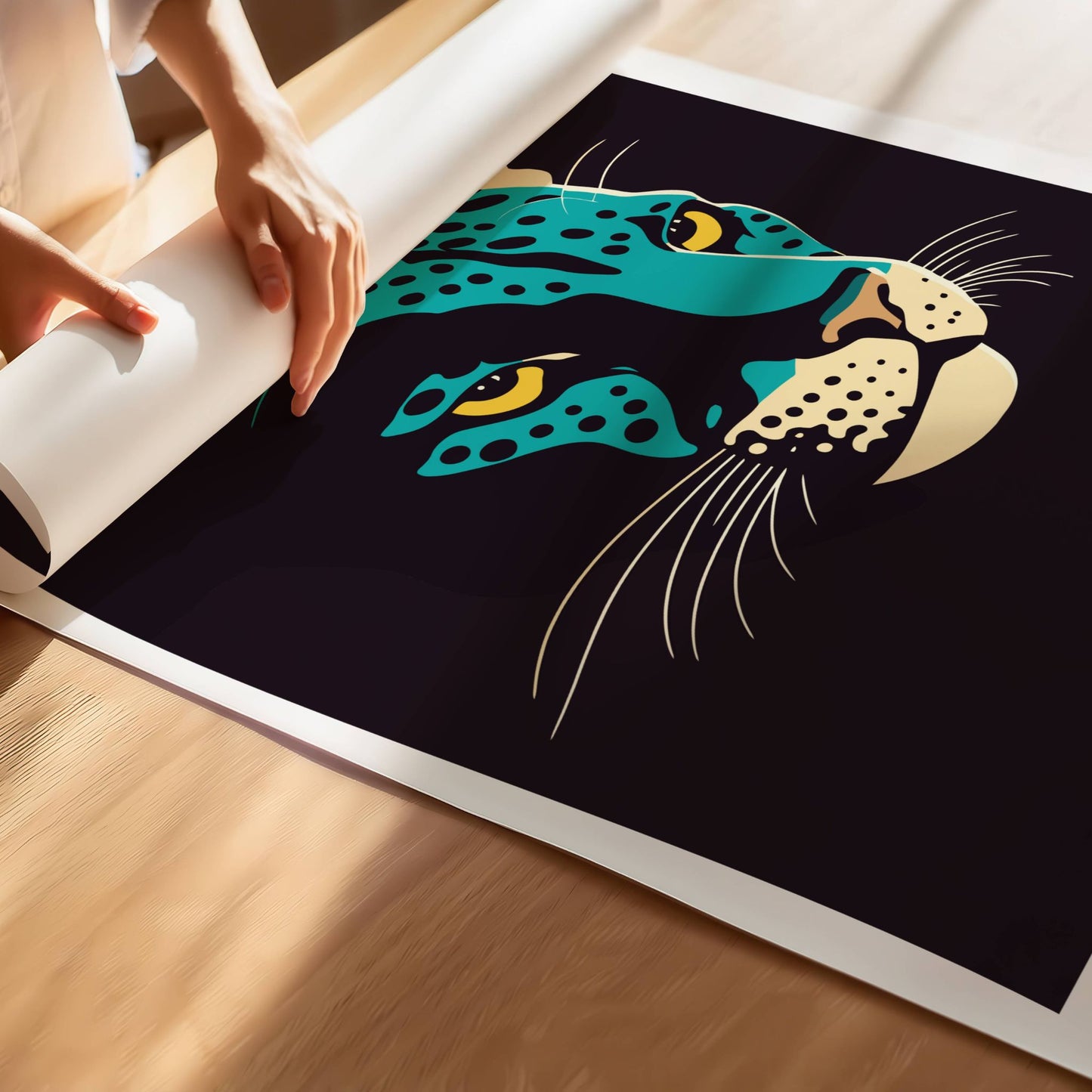 Neon Panter Plakat, et iøynefallende kunstverk som kombinerer dyremotiver med en moderne, grafisk stil. Illustrasjon viser print av plakat.