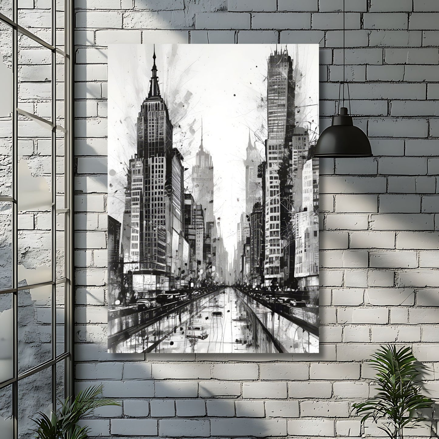 Dette unike kunstverket kombinerer den ikoniske arkitekturen fra New Yorks skyline med et kreativt, abstrakt uttrykk. Illustrasjon viser plakat på lerret.