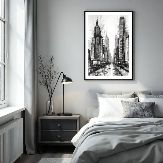 Dette unike kunstverket kombinerer den ikoniske arkitekturen fra New Yorks skyline med et kreativt, abstrakt uttrykk. Illustrasjon viser plakat med hvit kant i en sort ramme på et soverom.