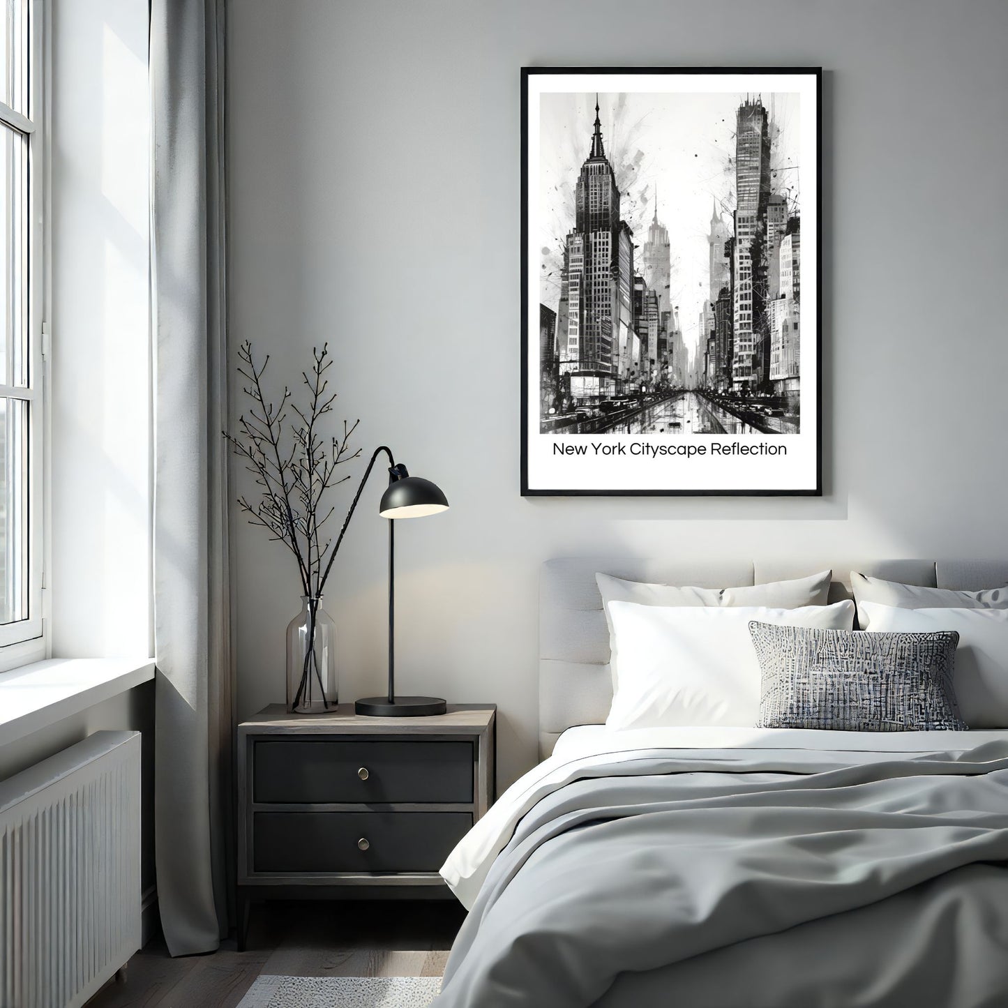 Dette unike kunstverket kombinerer den ikoniske arkitekturen fra New Yorks skyline med et kreativt, abstrakt uttrykk. Illustrasjon viser plakat med tekst i sort ramme på et soverom.