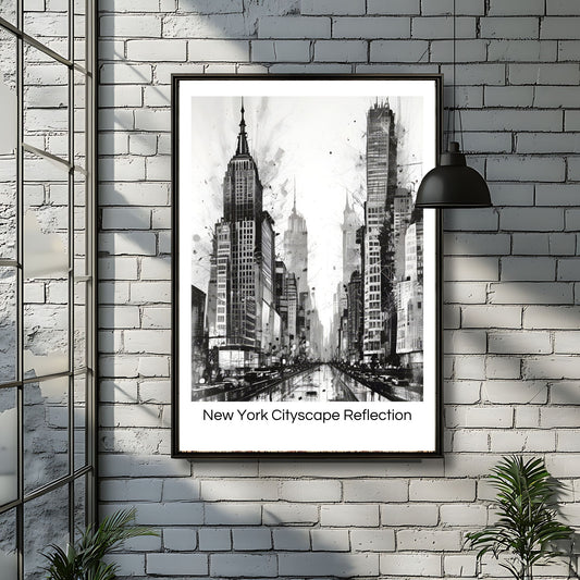 Dette unike kunstverket kombinerer den ikoniske arkitekturen fra New Yorks skyline med et kreativt, abstrakt uttrykk. Illustrasjon viser plakat med tekst i sort ramme.
