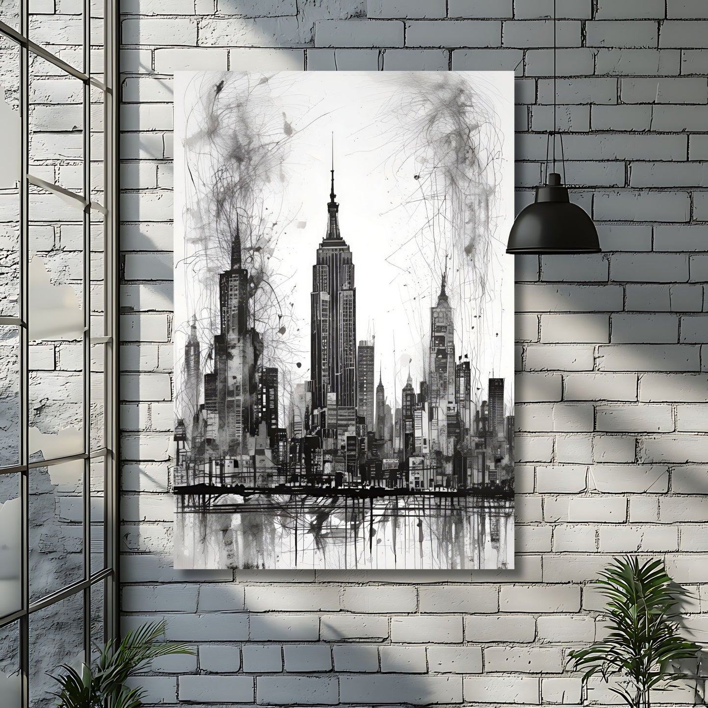 Dette stilfulle kunstverket fanger essensen av New Yorks ikoniske skyline med en moderne, abstrakt tilnærminG. Illustrasjon viser plakat på lerret.