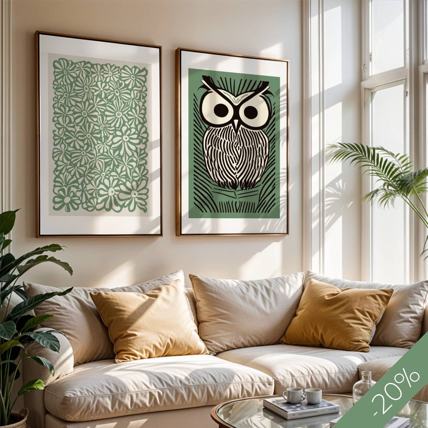 Skap en rolig og sofistikert atmosfære med Botanical Harmony, et plakatsett bestående av "Night Owl" og "Botanical Flow". Disse stilrene motivene i dype grønntoner kombinerer naturens mystikk med moderne design, perfekt for en harmonisk gallerivegg.