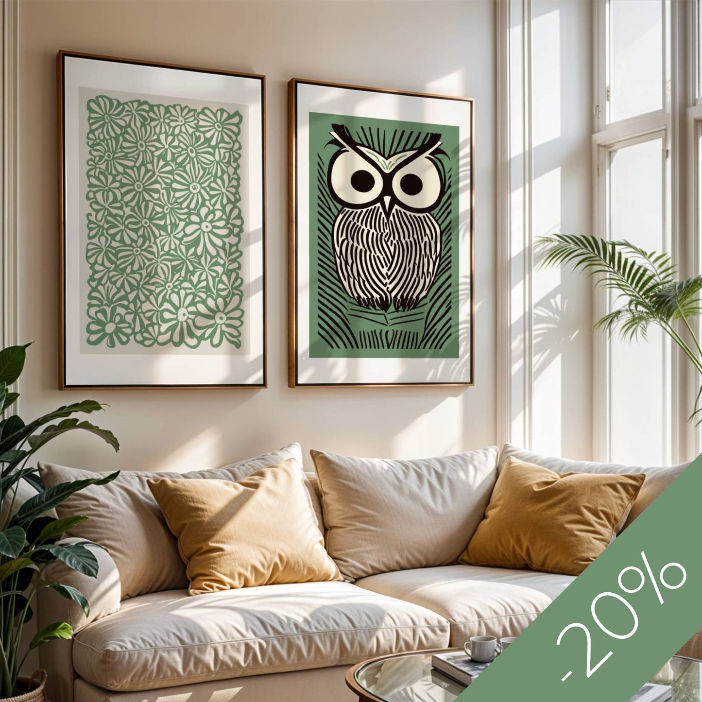 Skap en rolig og sofistikert atmosfære med Botanical Harmony, et plakatsett bestående av "Night Owl" og "Botanical Flow". Disse stilrene motivene i dype grønntoner kombinerer naturens mystikk med moderne design, perfekt for en harmonisk gallerivegg. 20% rabatt!