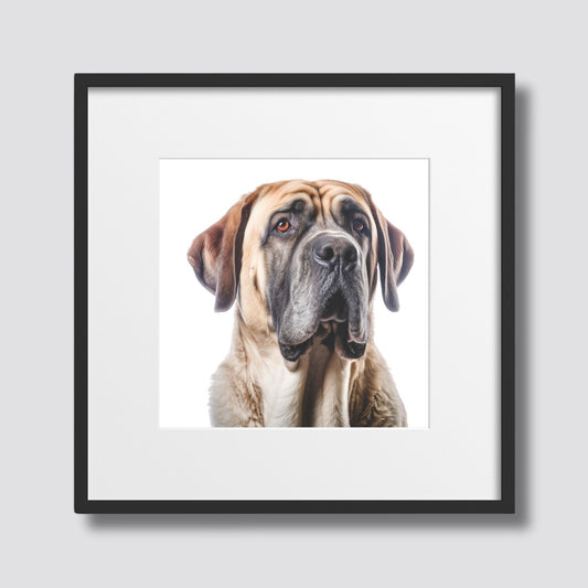 Dette imponerende portrettet av en mastiff fanger hundens majestetiske tilstedeværelse og vennlige uttrykk. Illustrasjonsfoto viser motivet i sort ramme med passepartout.