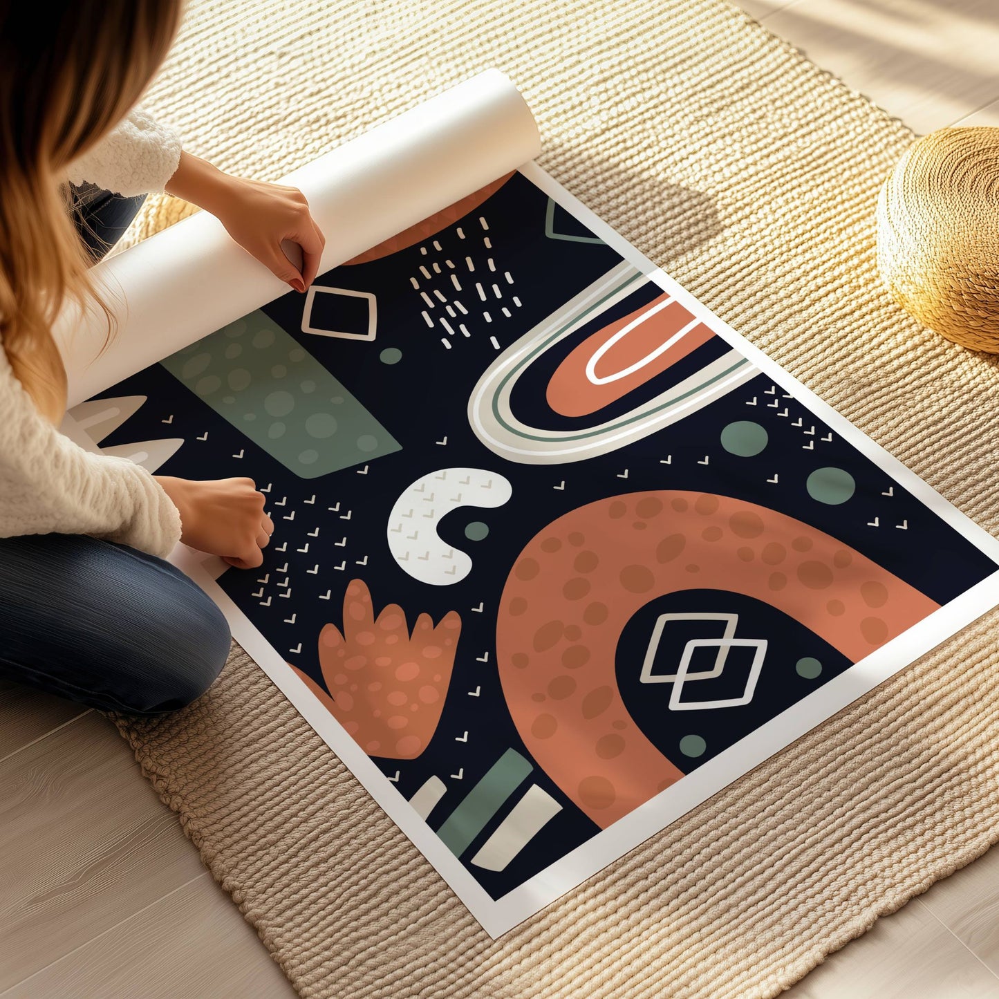 Nordic Abstractions No2 – grafisk plakat gir et dristig og kontrastfullt uttrykk med mørk bakgrunn og geometriske detaljer. Illustrasjon viser plakat på print.