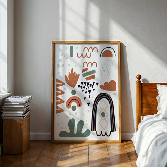 Nordic Abstractions No3 – grafisk plakat fremhever lyshet og lek med former. Illustrasjon viser plakat i eik ramme.