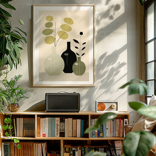 Eucalyptus Elegance er et minimalistisk kunstverk som kombinerer myke former, duse grønntoner og elegante vaser. Illustrasjon viser motivet som plakat med hvit kant i ramme.