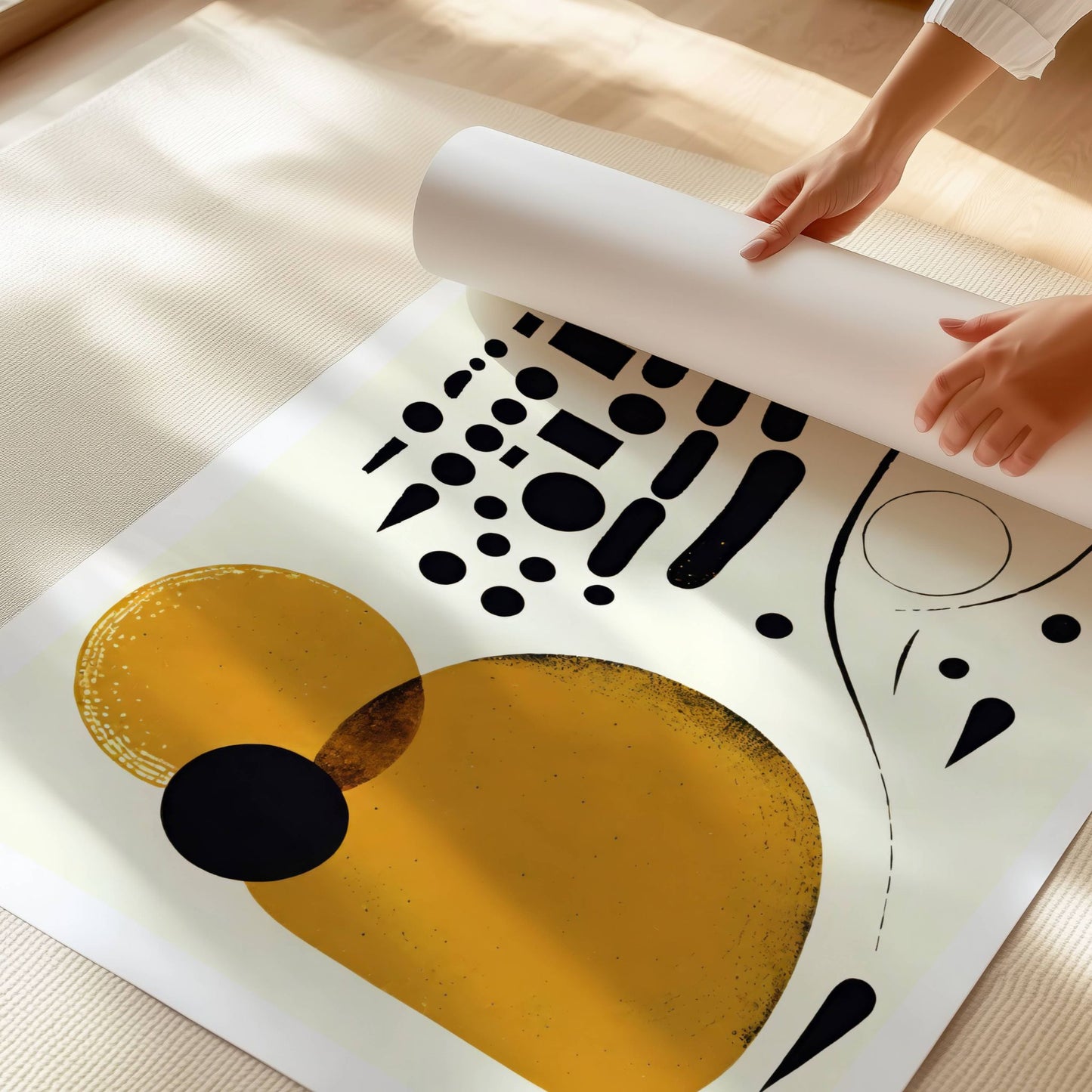 Nordic Elements – en abstrakt kunstplakat og lerretstrykk med en harmonisk komposisjon av former og teksturer. Illustrasjon viser motivet på print.