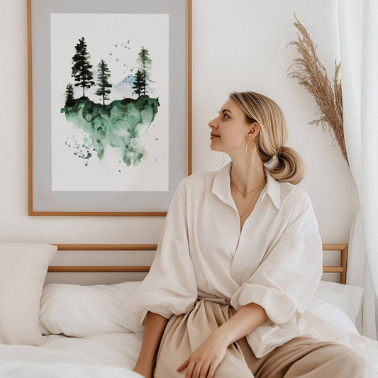 Nordic Serenity, en elegant akvarellplakat som fanger essensen av en svevende skog. Illustrasjon viser plakat i eik ramme.