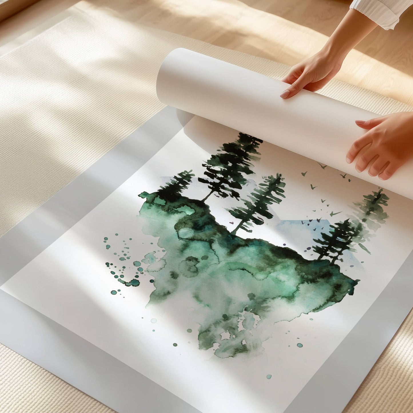 Nordic Serenity, en elegant akvarellplakat som fanger essensen av en svevende skog. Illustrasjon viser plakat på print.