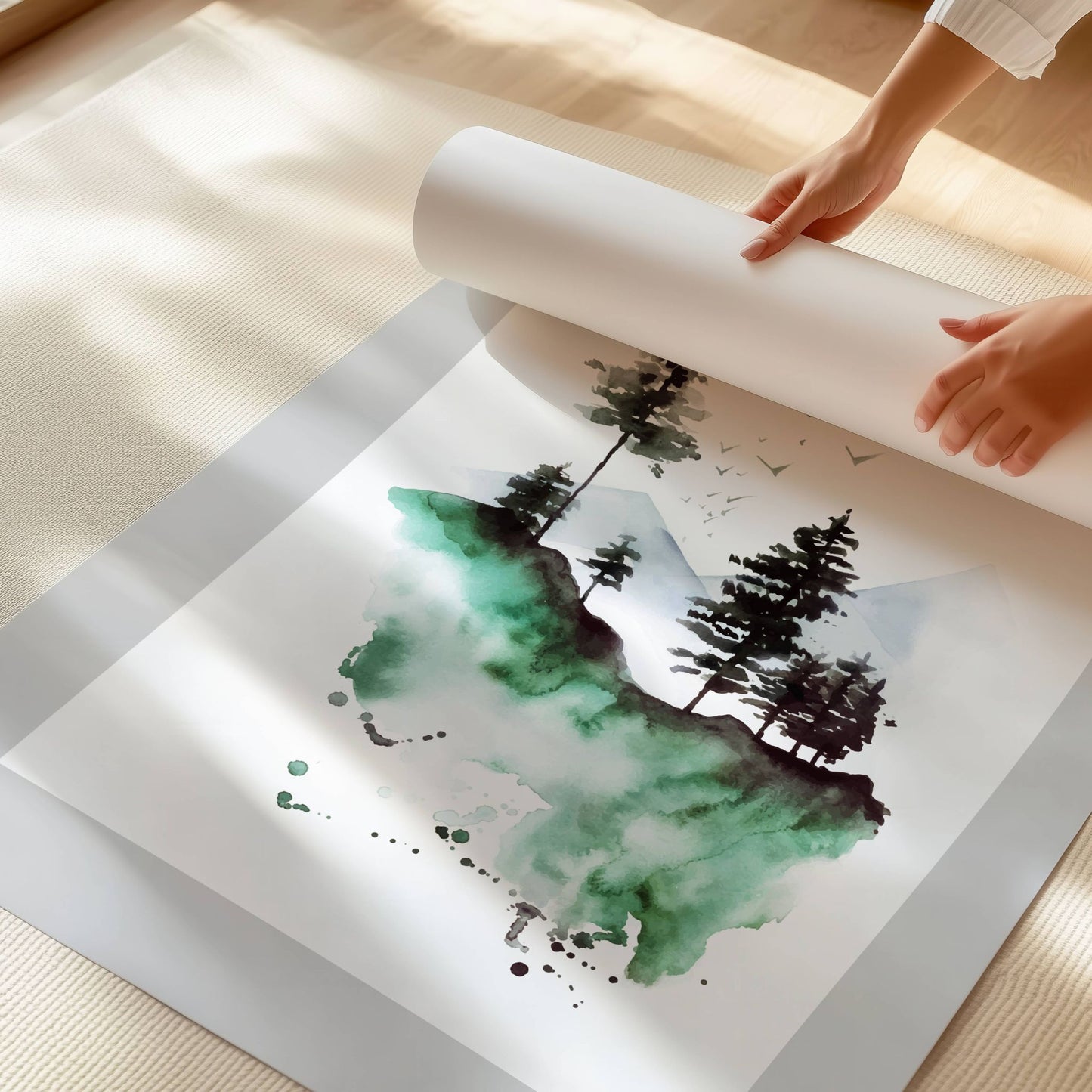 Nordic Serenity No2, en elegant akvarellplakat som fanger essensen av en svevende skog. Illustrasjon viser plakat på print.