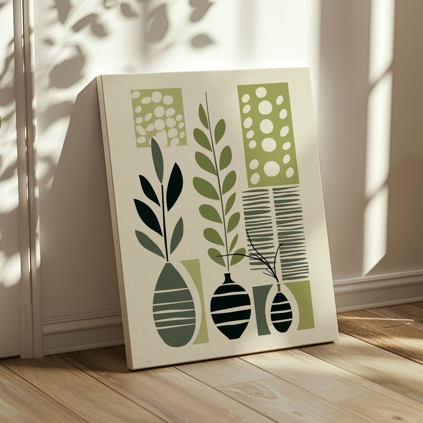 Abstract Nature en unik komposisjon av stiliserte blader og grafiske elementer. Illustrasjon viser motivet på lerret.