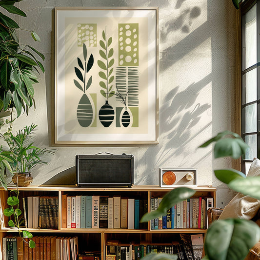 Abstract Nature en unik komposisjon av stiliserte blader og grafiske elementer.  Illustrasjon viser motivet som plakat med hvit kant i ramme.