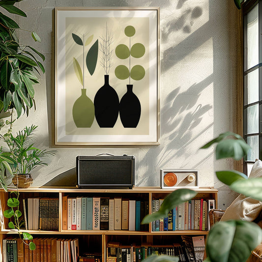 Green Harmony kombinerer geometriske vaser og botaniske elementer i en sofistikert fargepalett av grønt, beige og svart. Illustrasjon viser motivet som plakat med hvit kant i ramme.