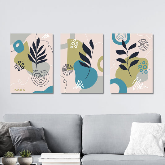 "Nordisk Abstraksjon Collection", en serie bestående av tre stilrene og moderne kunstverk som kombinerer naturlige elementer og abstrakte former. Illustrasjon viser motivene på lerret.