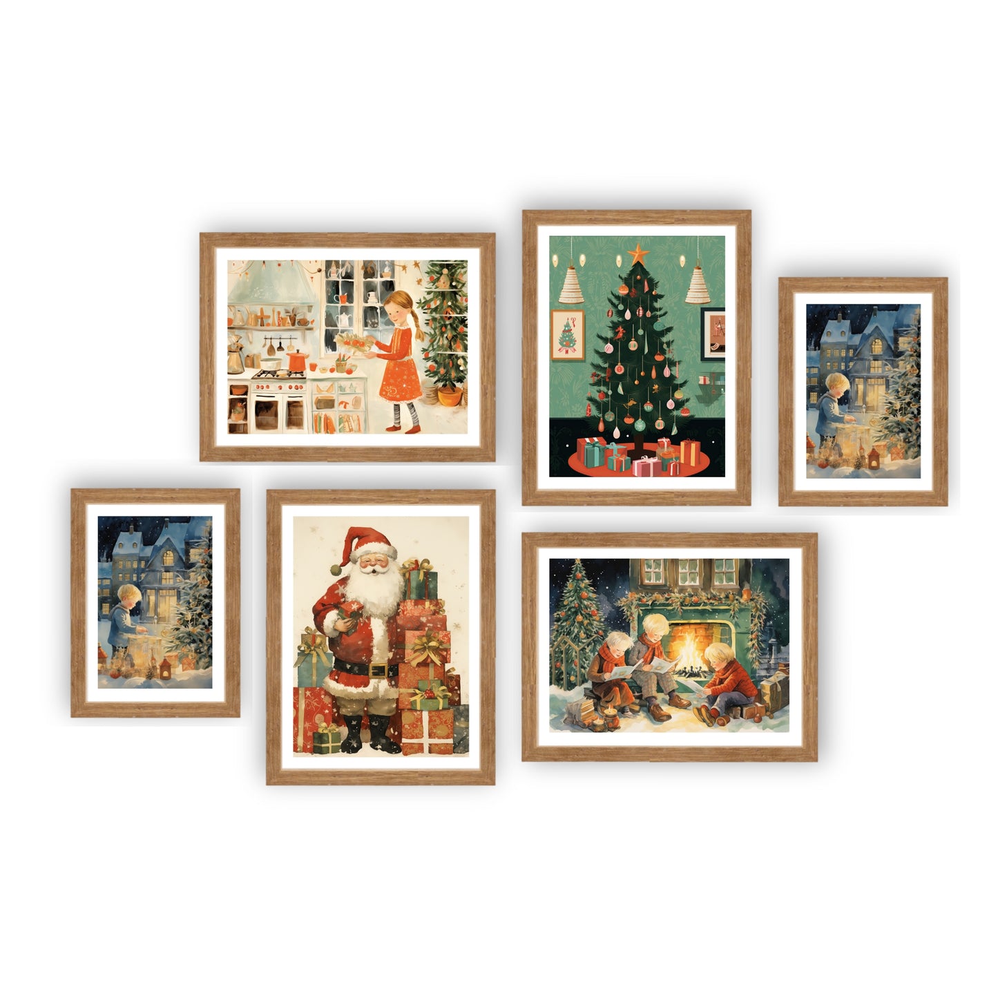 Komplett veggpakke med alle seks nostalgiske motivene fra Nostalgic Chrismas Collection. Illustrasjon viser plakatene med hvit kantlinje.