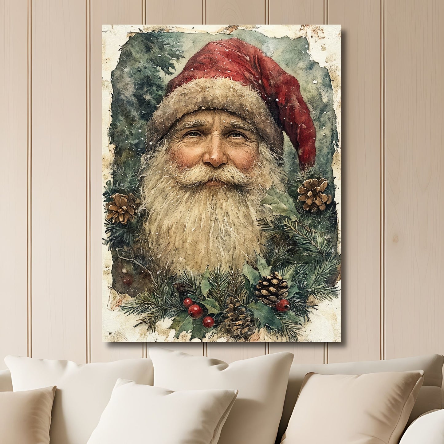 Dette motivet bringer frem minnene om klassiske julekort, med en smilende nisse omgitt av vintergrønt, kongler og røde bær. Illustrasjon viser motivet på lerret.