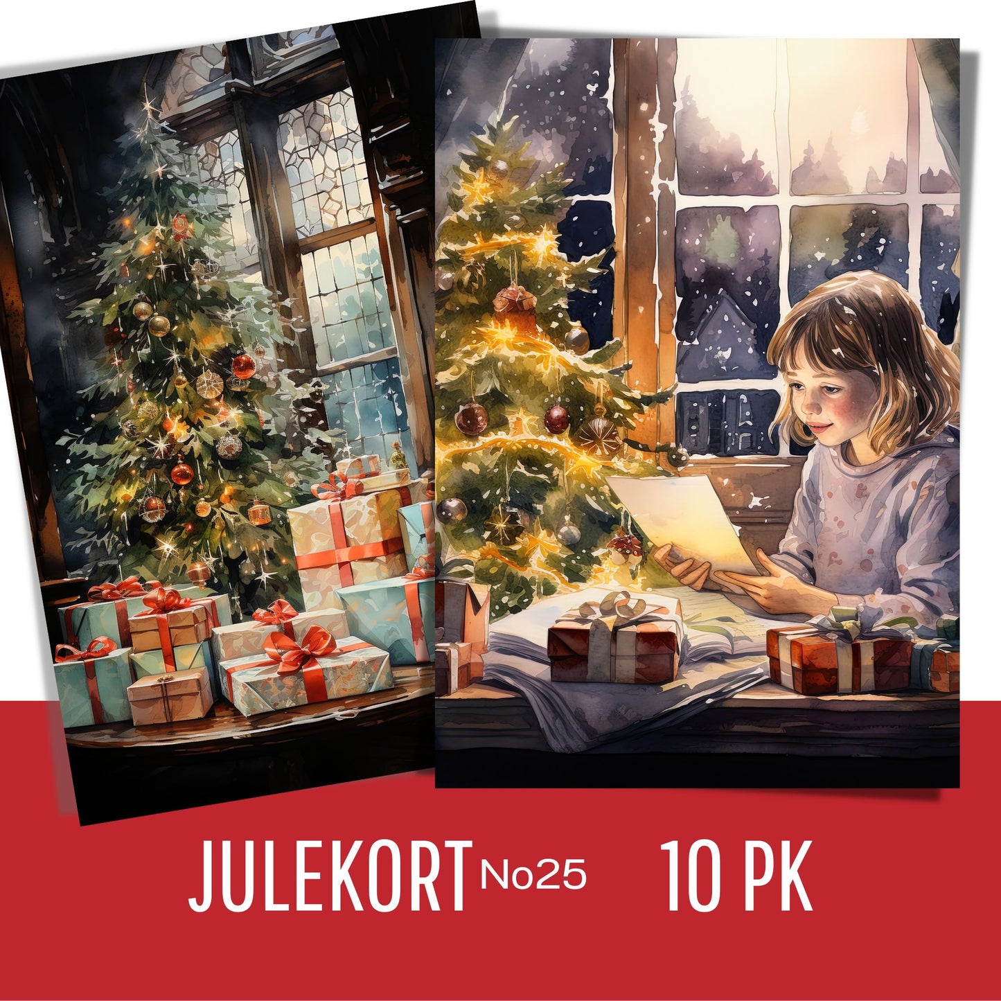 Serie med dekorative grafiske julekort med nostalgisk preg. Pakken inneholder 10 assorterte kort, trykket på 300 mg papir.