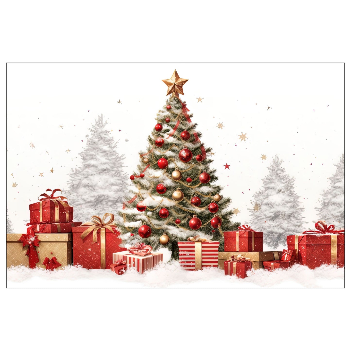 Dekorativt, grafisk julekort av et juletre og julepakker som står ute i snøen. Motivet har et nostalgisk preg.