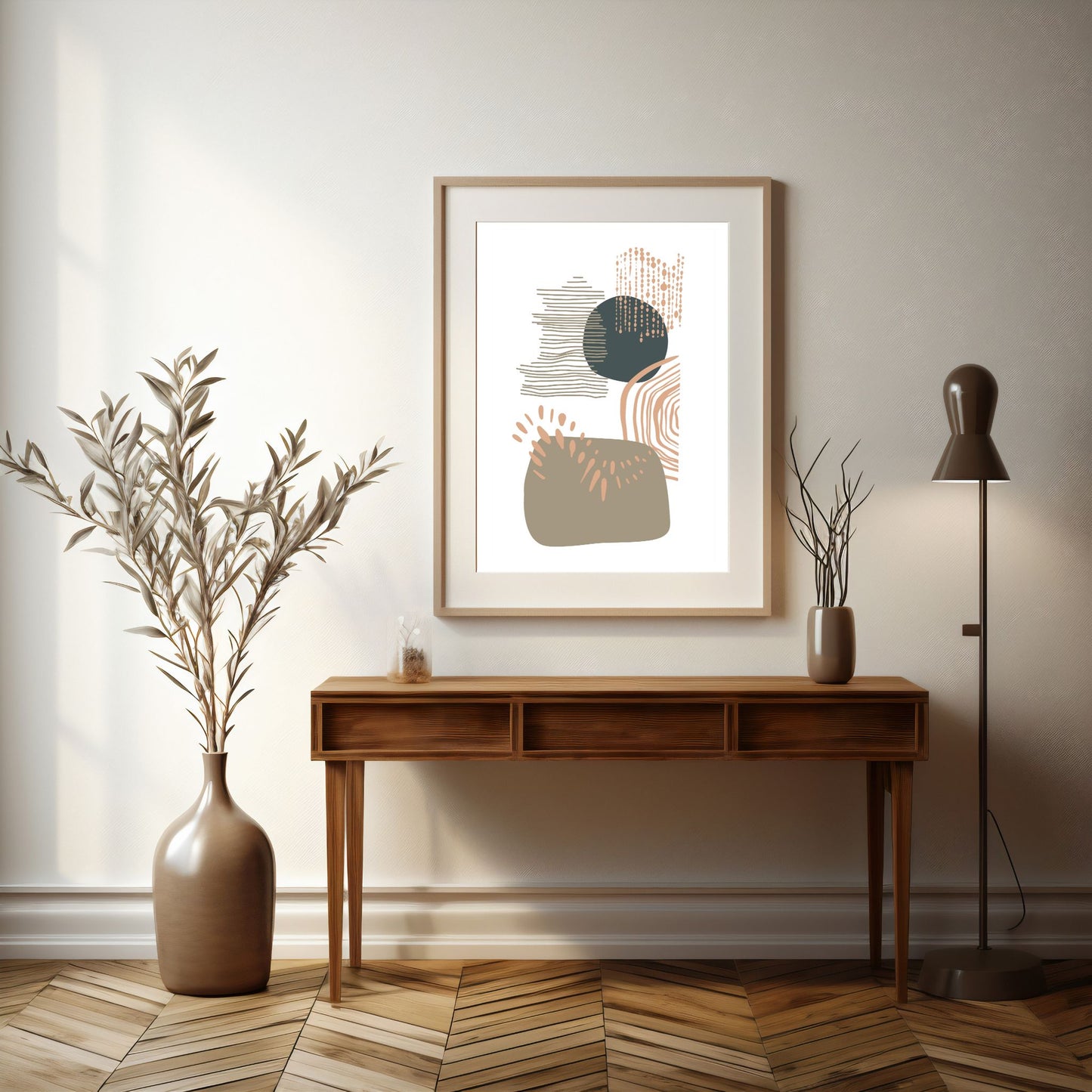 Gi hjemmet ditt et kunstnerisk løft med Organic Patterns – en abstrakt geometrisk plakat som kombinerer myke, organiske linjer og stiliserte former i jordnære toner. Illustrasjonsfoto viser plakat i lys ramme med passepartout.