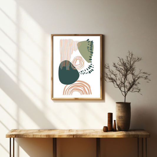 Gi hjemmet ditt et kunstnerisk løft med Organic Patterns – en abstrakt geometrisk plakat som kombinerer myke, organiske linjer og stiliserte former i jordnære toner. Illustrasjonsfoto viser plakat i lys ramme med passepartout.