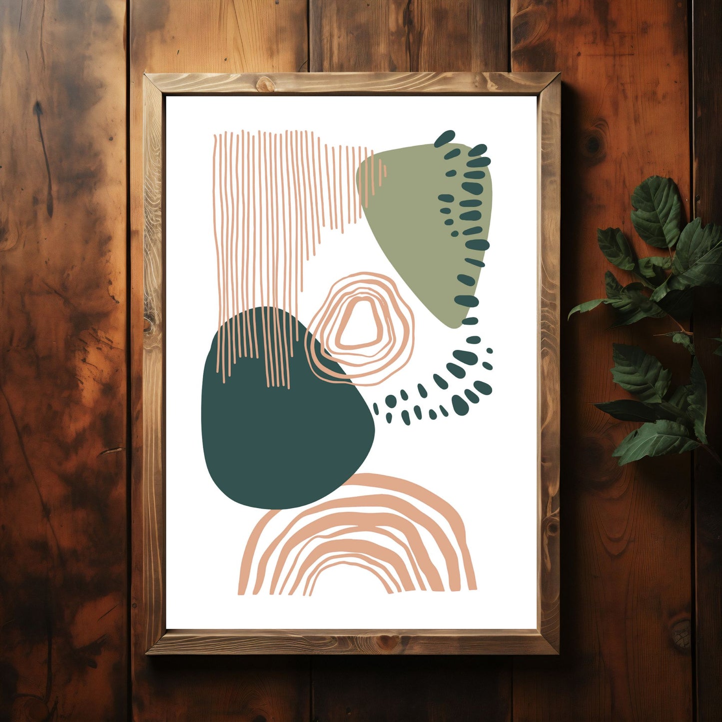 Gi hjemmet ditt et kunstnerisk løft med Organic Patterns – en abstrakt geometrisk plakat som kombinerer myke, organiske linjer og stiliserte former i jordnære toner. Illustrasjonsfoto viser plakat i lys ramme med passepartout.