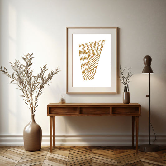 Gi hjemmet ditt et kunstnerisk løft med Organic Patterns – en abstrakt geometrisk plakat som kombinerer myke, organiske linjer og stiliserte former i jordnære toner. Illustrasjonsfoto viser plakat i lys ramme med passepartout.