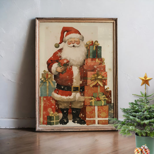 Den klassiske nissen poserer med armene fulle av gaver mens snøen daler. Illustrasjon viser plakat uten hvit kant i ramme.