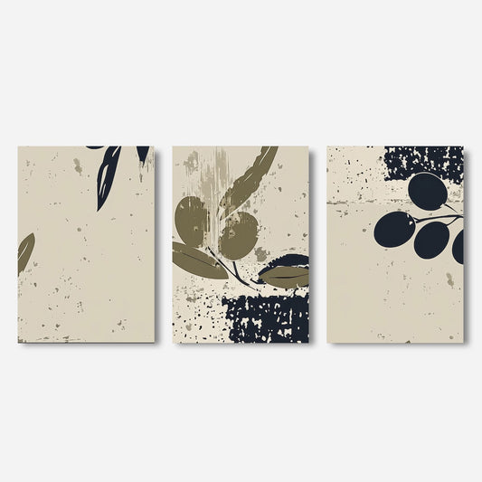 Denne serien med tre plakater, som er inspirert av oliventreets eleganse, bringer naturens rolige farger inn i ditt interiør. Miljøfoto viser motivene på lerret.