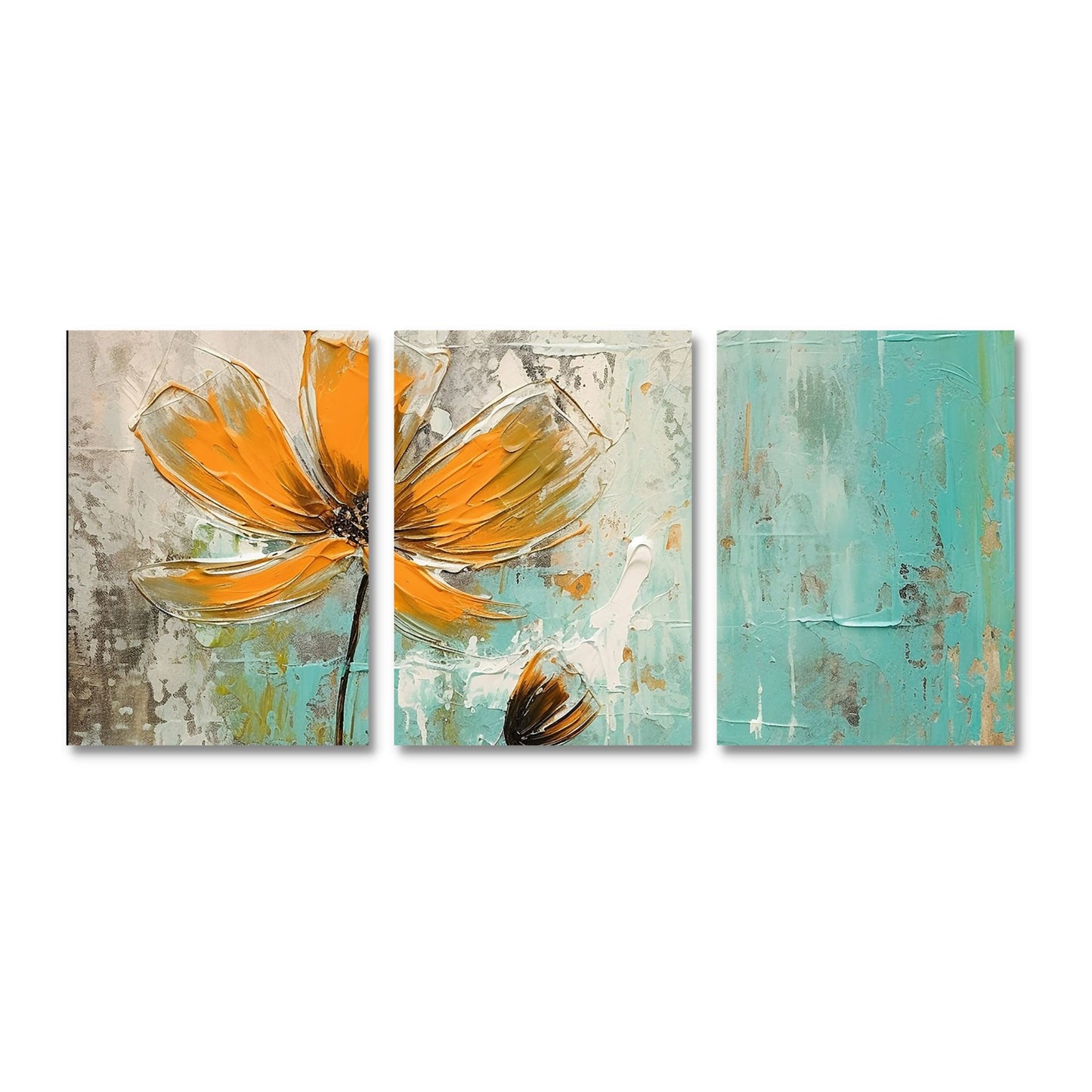 Abstrakt maleri som består av 3 stk. grafiske print på lerret. Motivet består av oransje blomster som danser på en beroligende bakgrunn av brunt, beige og turkis..