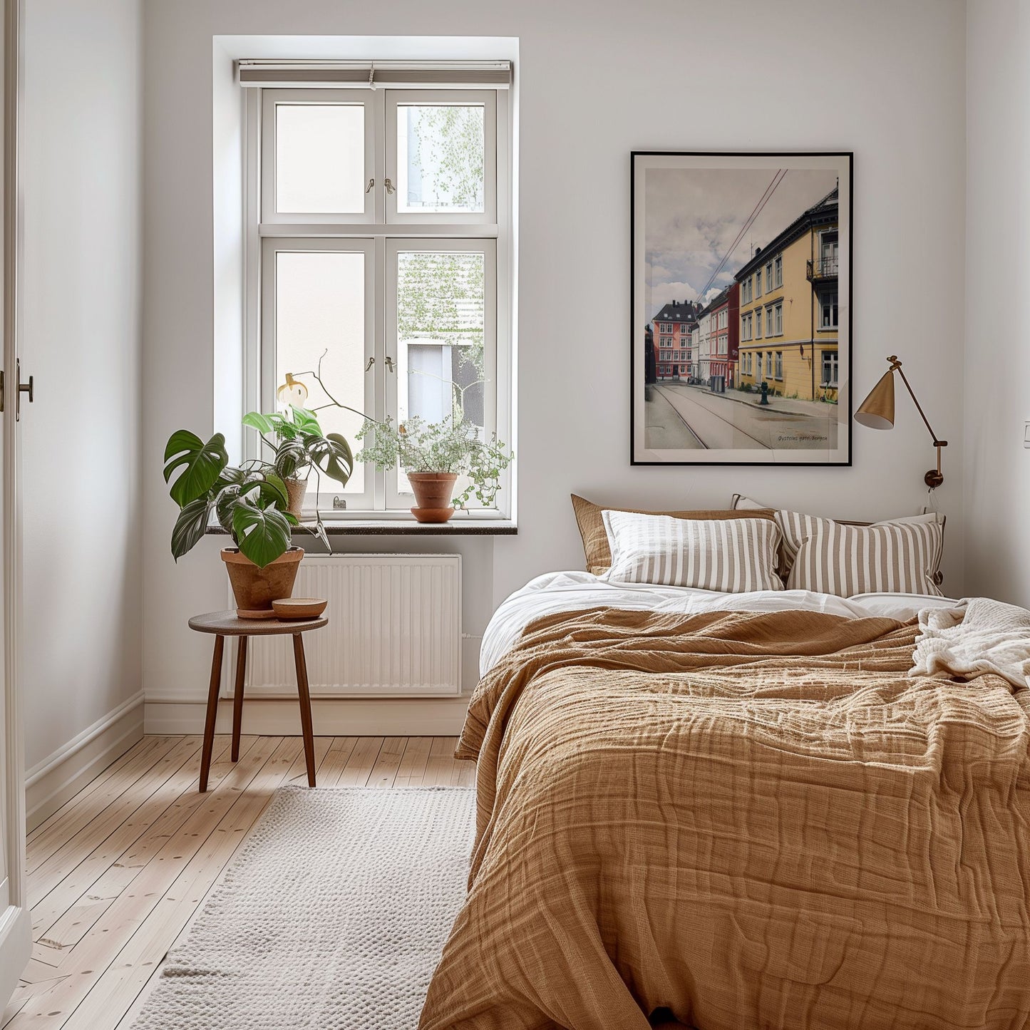 Øysteins gate på Sydnes kombinerer tradisjonelle trehus med urbane omgivelser. Illustrasjon viser plakat i sort ramme.