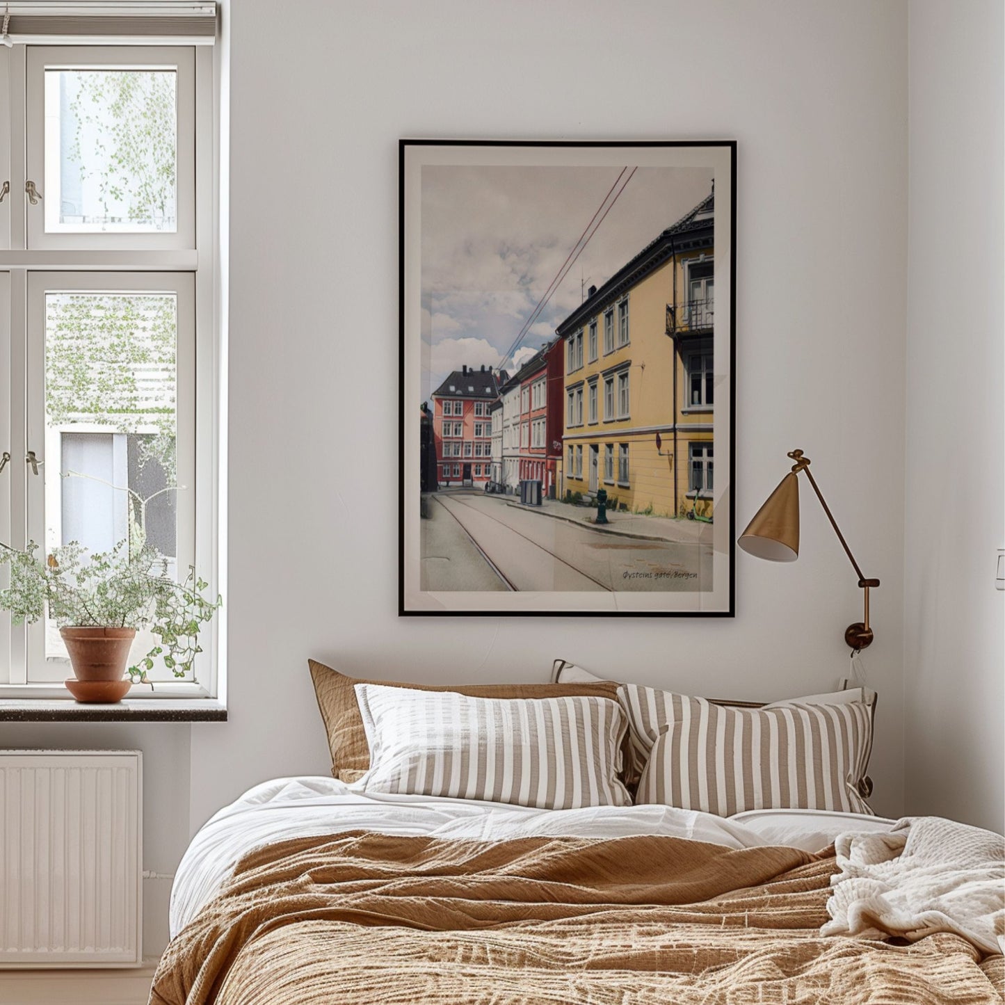 Øysteins gate på Sydnes kombinerer tradisjonelle trehus med urbane omgivelser. Illustrasjon viser plakat i sort ramme.