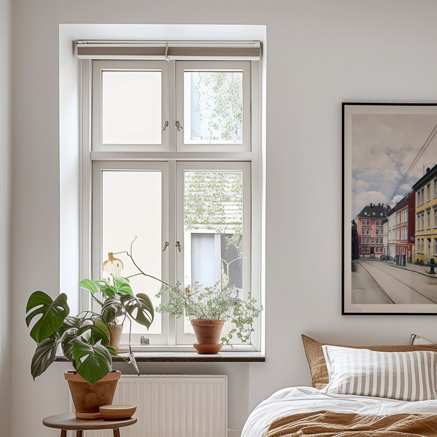 Øysteins gate på Sydnes kombinerer tradisjonelle trehus med urbane omgivelser. Illustrasjon viser plakat i sort ramme.
