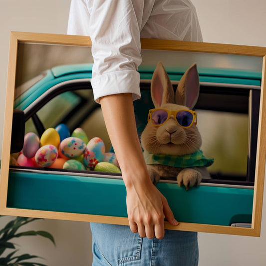 Påskehare med gule solbriller plakat, en sjarmerende grafisk illustrasjon som vil bringe smil og glede til ethvert rom. Illustrasjon viser plakat uten hvit kant i eik ramme.