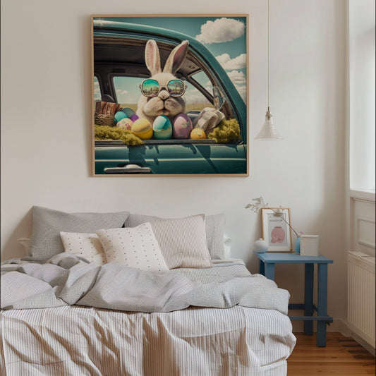 Påskehare med solbriller plakat, en leken og livlig illustrasjon som sprer glede og feststemning. Illustrasjon viser plakat uten hvit kant i eik ramme.