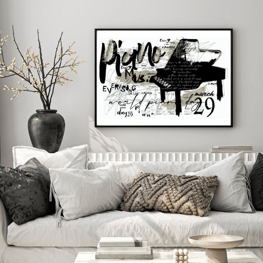 Dette kunstverket fanger et flygel i svart, omgitt av inspirerende setninger og ord. illustrasjonsfoto viser motivet som plakat i svart ramme.