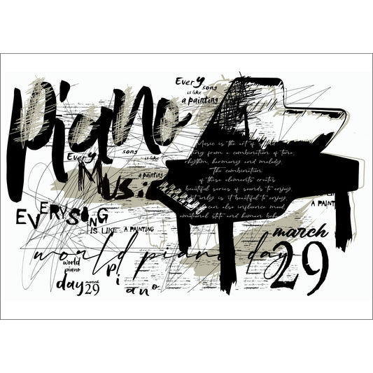 Dette kunstverket fanger et flygel i svart, omgitt av inspirerende setninger og ord.