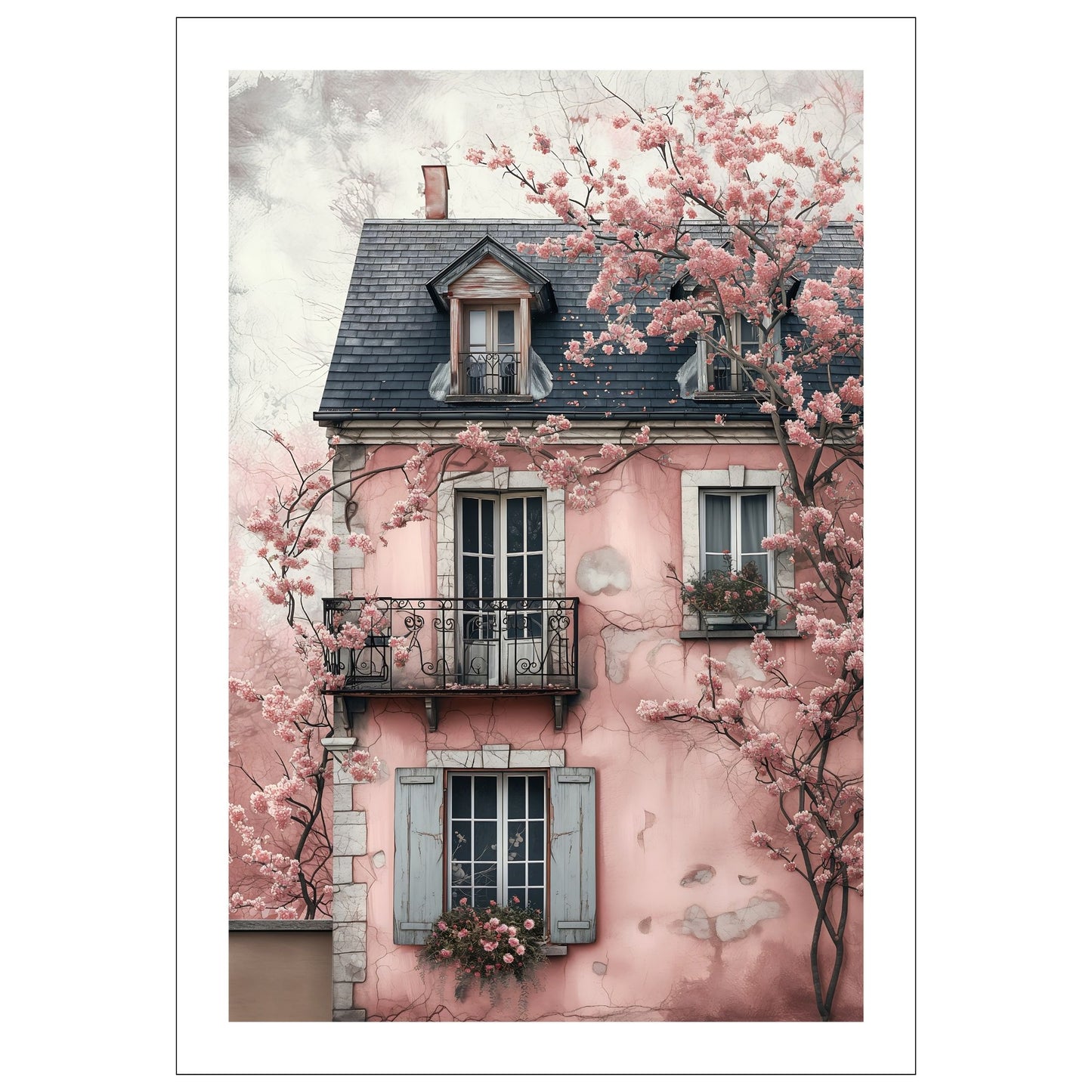 Grafisk illustrasjon av et gammelt og sjarmerende rosa murhus. Utenfor blomstrer to trær med rosa blomster.