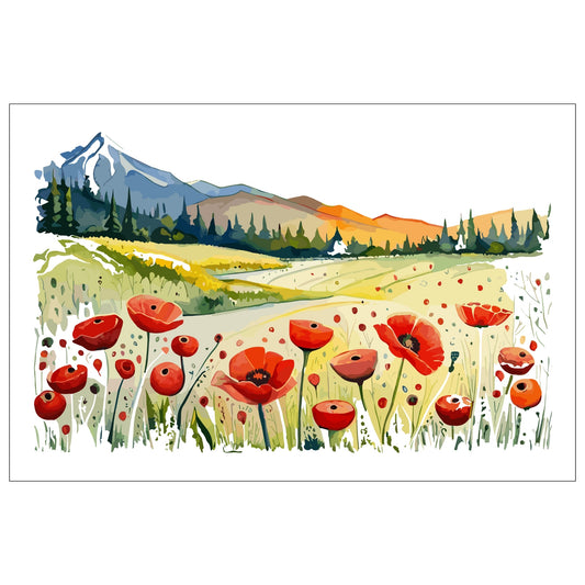 Forvandle ditt hjem med den sjarmerende skjønnheten av vår "Poppies Fields" plakat, en del av en eksklusiv serie grafiske akvarellmalerier.