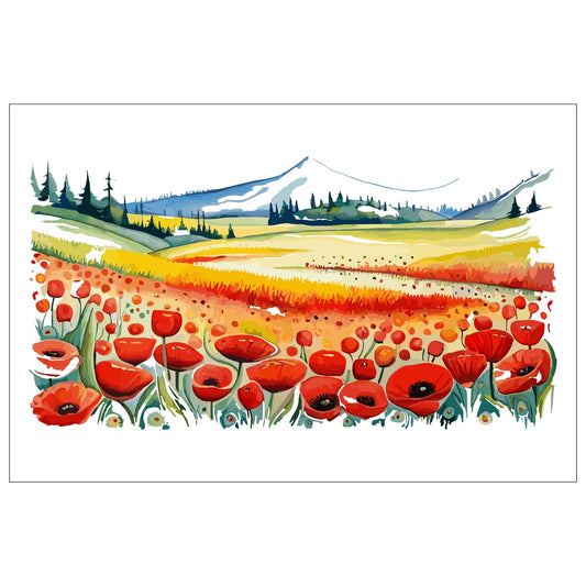 Forvandle ditt hjem med den sjarmerende skjønnheten av vår "Poppies Fields" plakat, en del av en eksklusiv serie grafiske akvarellmalerier.