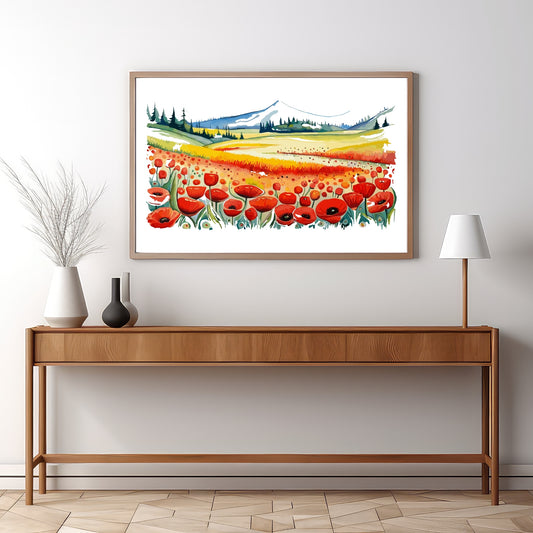 Forvandle ditt hjem med den sjarmerende skjønnheten av vår "Poppies Fields" plakat, en del av en eksklusiv serie grafiske akvarellmalerier. Illustrasjonsfoto viser motivet i en eikeramme.