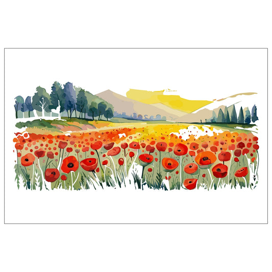 Forvandle ditt hjem med den sjarmerende skjønnheten av vår "Poppies Fields" plakat, en del av en eksklusiv serie grafiske akvarellmalerier.