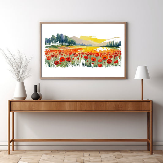 Forvandle ditt hjem med den sjarmerende skjønnheten av vår "Poppies Fields" plakat, en del av en eksklusiv serie grafiske akvarellmalerier. Illustrasjonsfoto viser motivet i en eikeramme.