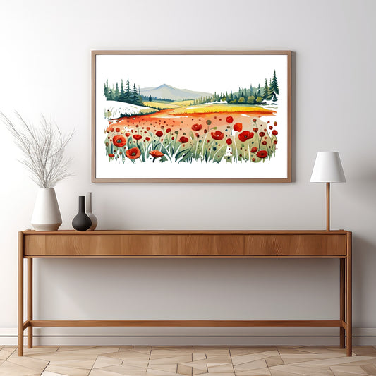 Forvandle ditt hjem med den sjarmerende skjønnheten av vår "Poppies Fields" plakat, en del av en eksklusiv serie grafiske akvarellmalerier. Illustrasjonsfoto viser motivet i en eikeramme.